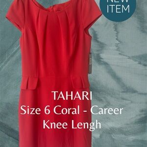 Tahari Red Sheath Midi Dress with Cap Sleeves and Bateau Neckline